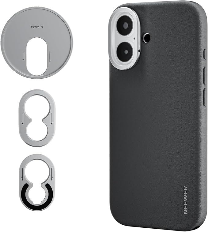 NEEWER Phone Case for 17 Only, Modular Protective TPU/PC Phone Cover with 67mm Filter Ring, 17mm Lens Backplate, T Mount Lens Adapter Compatible with Moment MagSafe iPhone 17, PA159 (Black + Silver)