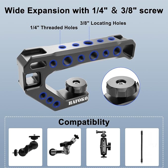 R005 Camera Top Handle Camera Top Cheese Handle Grip Universal Video Stabilizing Rig W 3 Cold Shoe Adapters to Mount Microphone, LED Light, Monitor, Easy Low Angle Shoots Metal