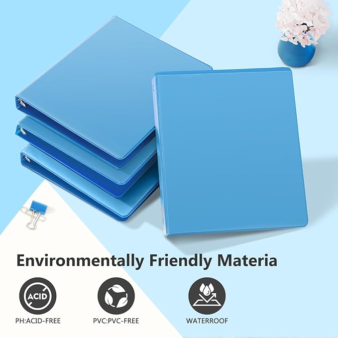 ViVin 1 Inch Round Ring View Binder for Durability, Standard 3 Ring Binder for 200 Sheets of US Letter Size Paper, PVC-Free, 6-Pack (Light Blue)