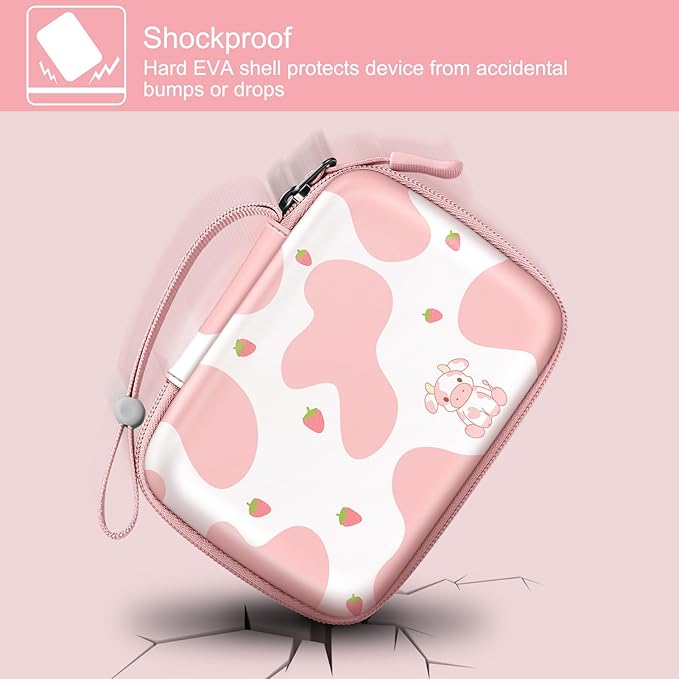 FINTIE Kids Camera Case Compatible with Goopow/Seckton/Dylanto/Mgaolo/Masterbee/CIMELR/Desuccus Kids Digital Camera Toys, Children Carrying Bag, Birthday Festival Gift, Strawberry Cow