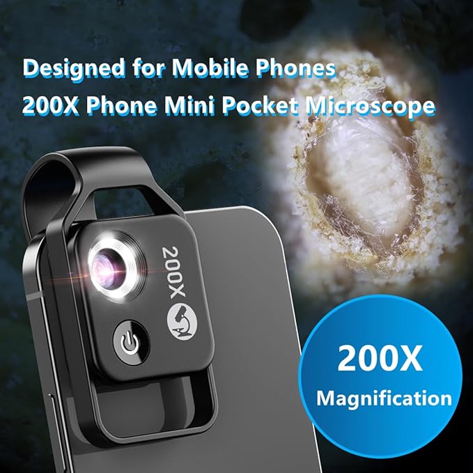 FLEXMAN 200X Phone Pocket Microscope with CPL Lens, USB Rechargeable Portable Digital Microscope Camera Attachments with Universal Phone Clip for Smartphones, Gardener, Watch, Jewelry(Black)