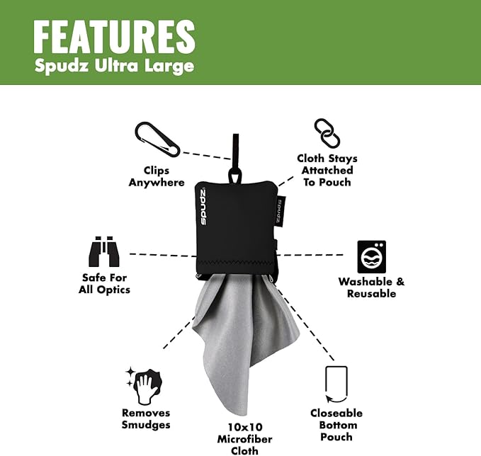 SPUDZ Ultra Microfiber Lens Cleaner – Closable Pouch, Clip-On, Washable – for Optics, Scopes, Glasses | Red, 10 x 10 Inch