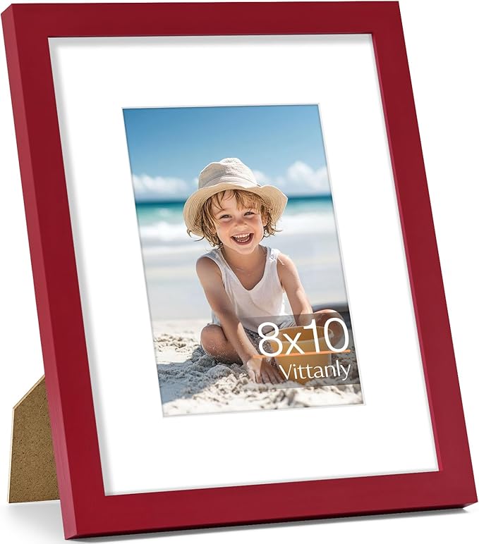 Vittanly 8x10 Picture Frame, Made of Solid Wood and Shatterproof Plexiglass, Display Pictures 5x7 with Mat or 8x10 without Mat, Wooden Photo Frame for Wall Mounting or Tabletop Display, Red, 1 Pack
