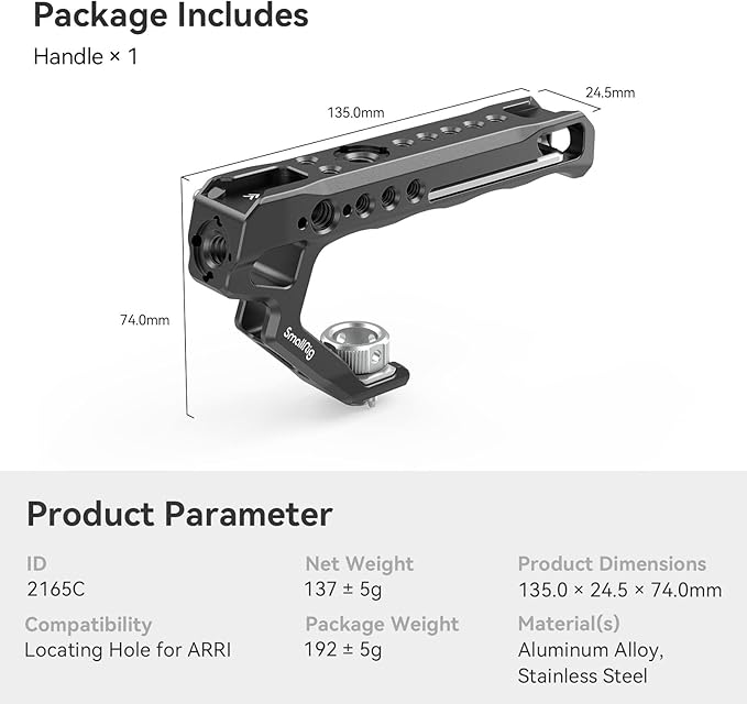 SMALLRIG Top Handle with Locating Holes for ARRI for Camera Cage, Ergonomic Design, with Anti-Off Designed Cold Shoe Adapter - 2165C