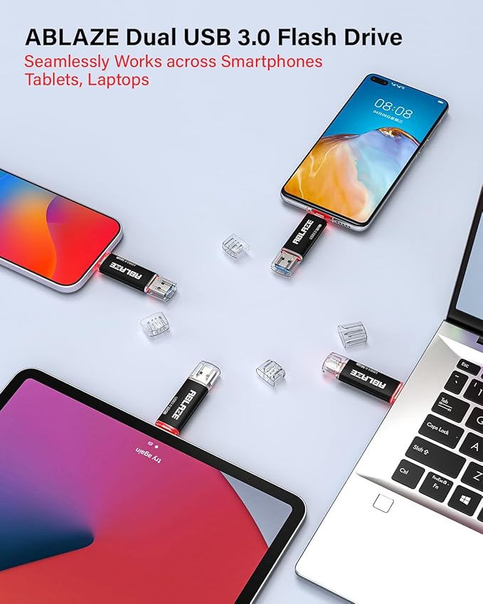 ABLAZE USB C Flash Drive 32GB 2 Pack, Dual USB 3.0+Type C Flash Drive Compatible with iPhone 16/15, Android Smartphone, Computer,Tablet Mac Laptop (2 Pack)