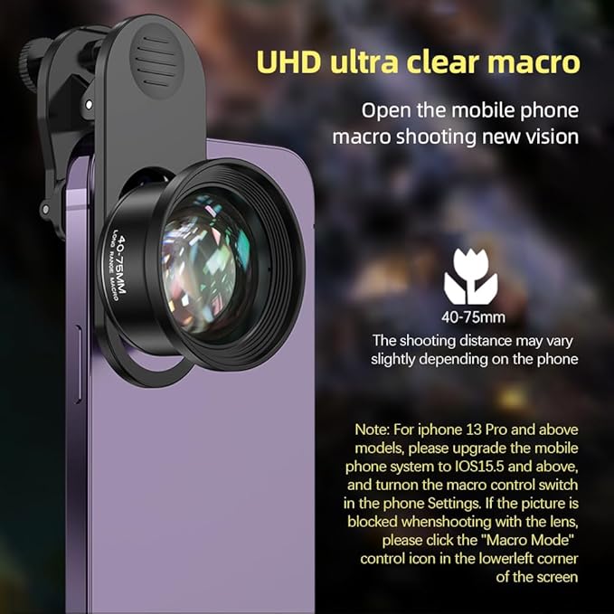 Andoer Mobile Phone Lens Macro Lens Photography Accessories for Smartphone 4K Ultra High Definition with Phone Clip Compatible with Android Smartphones iPhone 15/14/13/12 Max/Xr/X/8