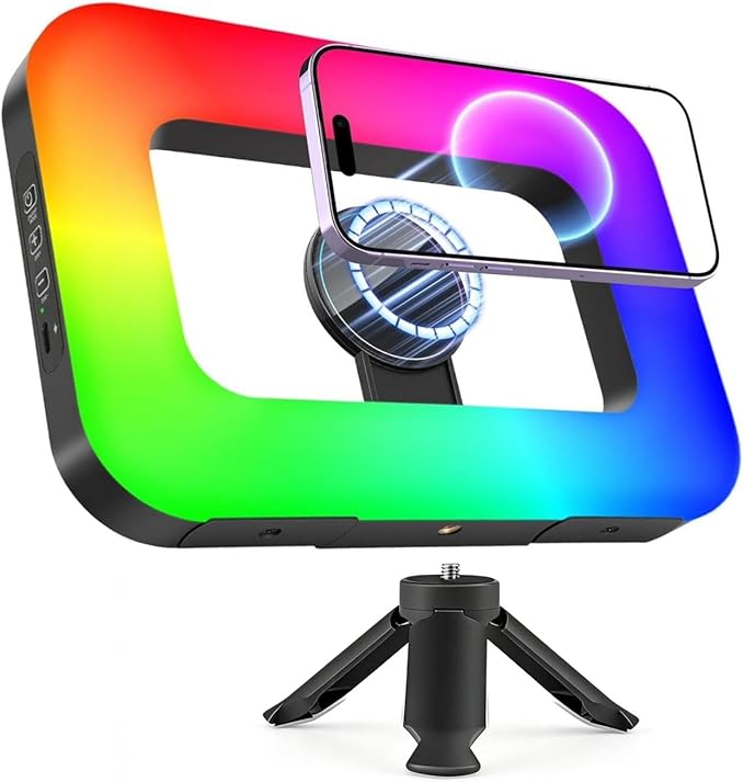 5200mAh RGB Selfie Ring Light for iPhone, Rechargeable Phone Light with Mini Tripod Stand, Double-Sided Magnet Handheld Stabilizer LED Ring Light for TikTok, Vlogging, Video Recording