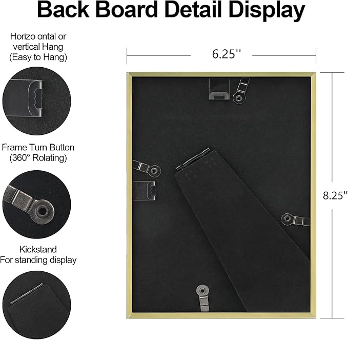 6x8 Picture Frame, Brass Aluminum Metal Photo Frames with HD Glass, Fits 5x7 with Mat or 6 x 8 without Mat, Display for Wall and Table