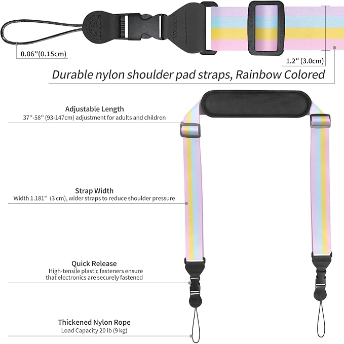 Universal Shoulder Strap, Neoprene Padded Bag Strap with Double Adjustable Buckles, Replacement Neck Lanyard for Camera, Cellphone Tablet,iPad, Laptop, Binocular, Luggage Bag(Rainbow Colored)