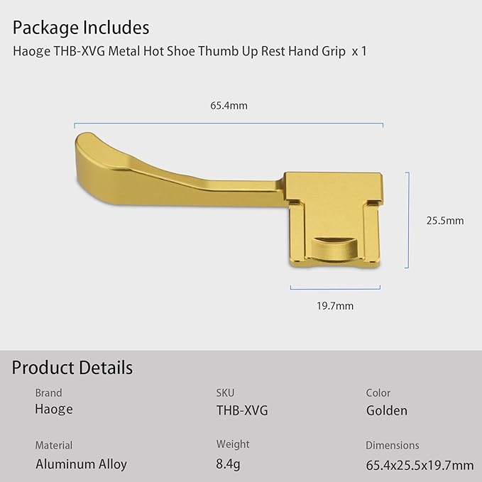 Haoge THB-XVG Metal Thumb Up Rest Hand Grip for Fujifilm X100VI Fujinon X100V Camera Accessories Gold Hot Shoe Thumb Up
