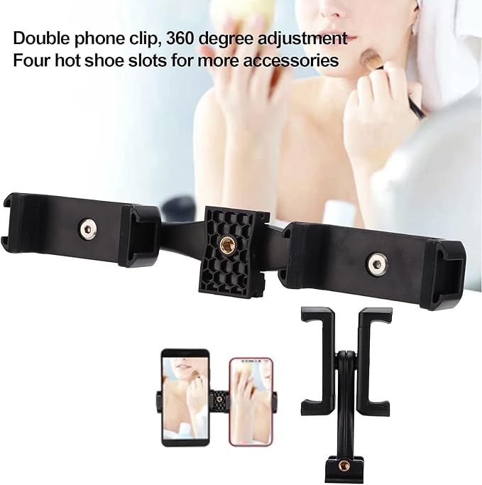 Phone Tripod Mount Adapter, Clip Tripod Monopod Selfie Stick Dual Cell Phone Holder Universal Cold Shoe Adapter for Vlog Live Streaming Video Recording