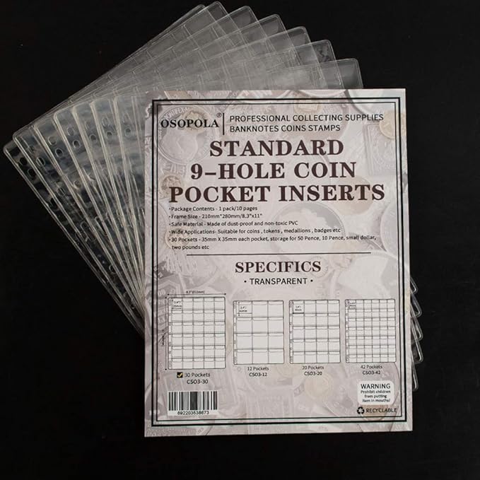 300 Pockets Coin Binders Pages - 1.38 inch Holders 10 pcs Loose-Leaf Sheets Acid-Free Collection Holders for Medallion Coin Stamp Currency Collecting Supplies 35x35mm / 1.38x1.38 inch CS03230