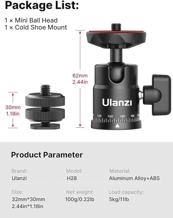 Mini Ball Head, ULANZI H28 Panoramic Tripod Head + Dual Hot Shoe Mount DSLR Camera Mount Adapter Photograph Attachment Accessories for Action Cameras Cam Smartphone Light Microphone Loading 5.5lb