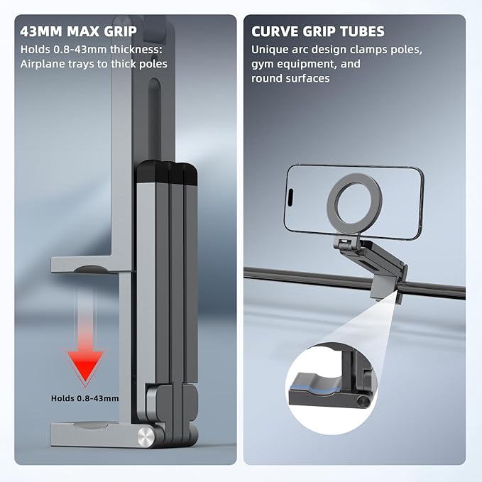 Magnetic Tripod for iPhone, Airplane Phone Holder for MagSafe Selfie Stick Adapter Travel Foldable Clip Clamp Plane Desktop Stand for iPhone 17 16 15 14 13 12 Pro Max Mini Accessories