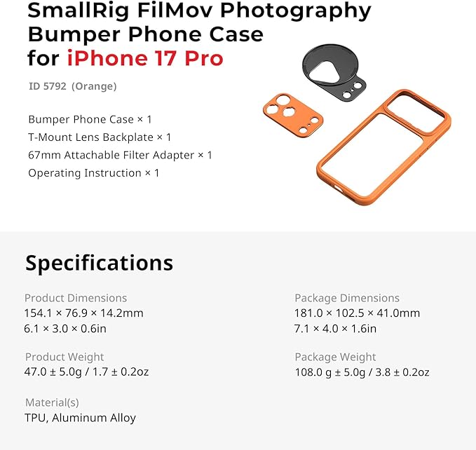 SMALLRIG FilMov Bumper Phone Case for iPhone 17 Pro, Hollow Back Design with Lens Backplate, 67mm Filter Adapter Compatible with Phone Gimbal Stabilizers, for DJI for Insta360, Orange- 5792