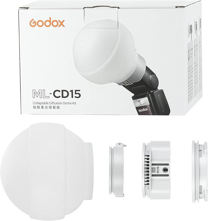 Godox ML-CD15 Diffusion Dome w/3 adapters, Flash Light Diffuser, Fit for Godox V1 Pro V1 AD100 Pro AD200Pro AD300Pro AD400Pro V860III V860II V850III TT685II TT600 TT600S AD200 ML60II Bi ML30 ML60, etc
