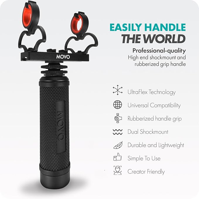 Movo SM6H Ultraflex Premium Shockmount for Shotgun Microphones with Grip Handle – Compatible with Rode NTG Series, Sennheiser MKE600, Audio-Technica AT875R, and More