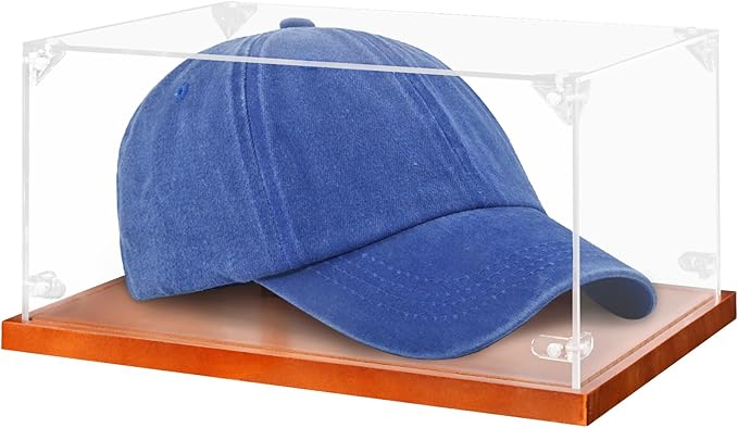 Hooqict Hat Display Case Acrylic Clear Full Size Baseball Hat Case Display Holder Stand with Solid Wood Base UV Protected for Ball Cap Storage Organizer Sports Collections Memorabilia