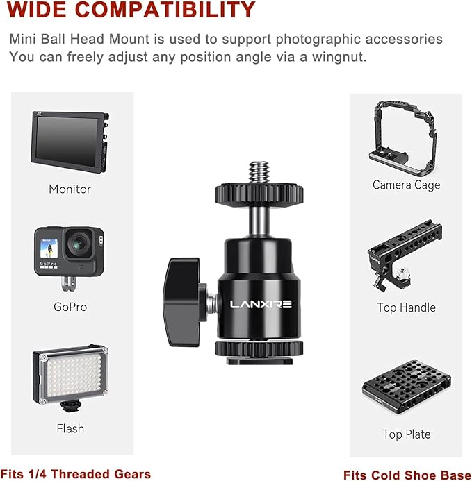 Camera Hot Shoe Mount with 1/4" Screw and Ball Head Adapter - Compatible with Camera, Camcorder, Smartphone, Action Camera, LED Lights, Microphone - 2 Pack