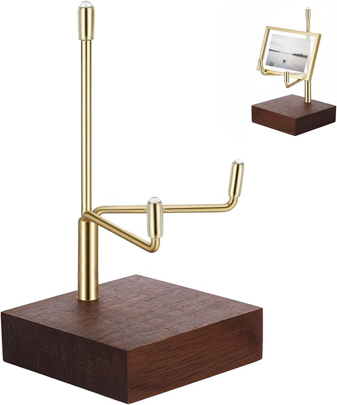 Small Gold Metal Arms Display Stand Easel with Wooden Base - Adjustable Small Display Easel Stand for Displaying Art Fossil Coral Picture, Photo Frame, 2"x2"x3.2"