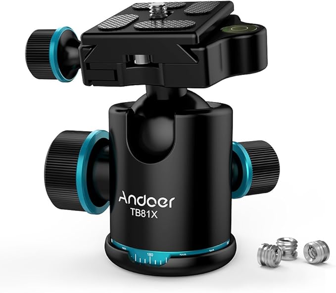 Andoer Tb81X Tripod Ball Head 360 Degree Rotating Panoramic Camera Quick Release Ball Head for Tripod Monopod Slider DSLR Camera with 3Pcs 1/4" to 3/8" Srew Adapters Max. Load 8Kg/17.64Lbs
