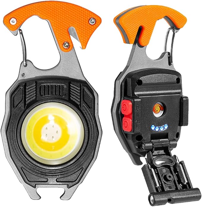 BY-J COB Keychain Work Light Keychain Flashlights, 7 Lighting Modes, 1600 Lumens, COB Rechargeable Multi-Function Work Light with Electric Lighter, Seat Belt Cutter, Screwdriver, Whistle