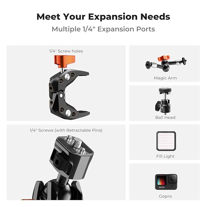 K&F Concept Magic Arm with Super Clamp + Double Camera Super Clamp for Chair, Pole, Tripod, 1/4" Threads Max Load Capacity 1.5KG