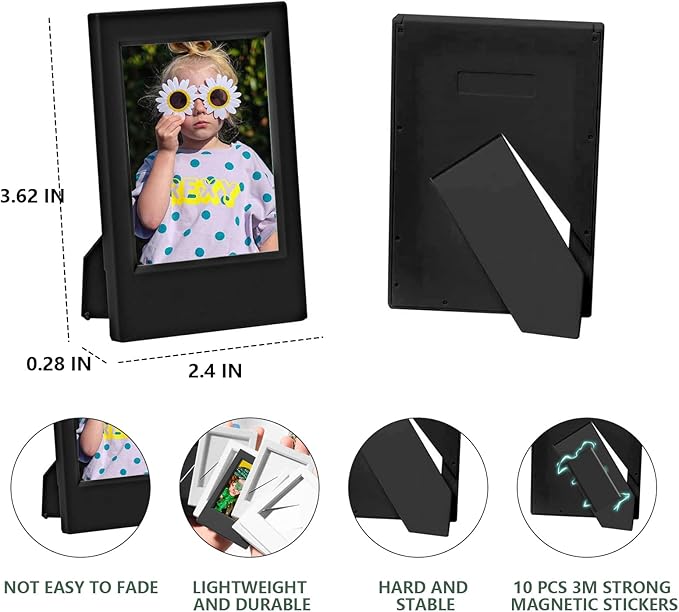 WOGOZAN 2x3 Mini Picture Frame for Fujifilm Instax Mini 12/11/99/41/40/SE/EVO Classic Polaroid Frames 2.15x3.4 Inches Photo Picture Frame with Magnetic Sticker and Protective Film (Black) (10 Pack)