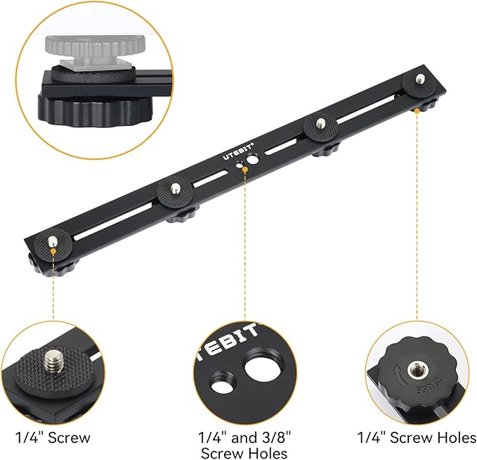 UTEBIT 13 inch Flash Bracket, Long Dual Camera Mount Flash Bracket Extension Bar with 1/4“ Hot Shoe, Straight Flash Brackets 1/4-3/8 Thread Hole Tripod Mount for Camera/LED Light/Microphone