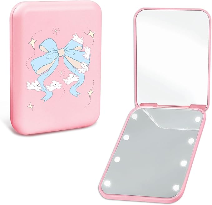 Preppy Cute Bow Travel Compact Mirror with Light for Purses 1X/2X Magnification Small Led Portable Pocket Makeup Mirror, Trendy Christmas Birthday Gift Stocking Stuffers for Teen Girls Women