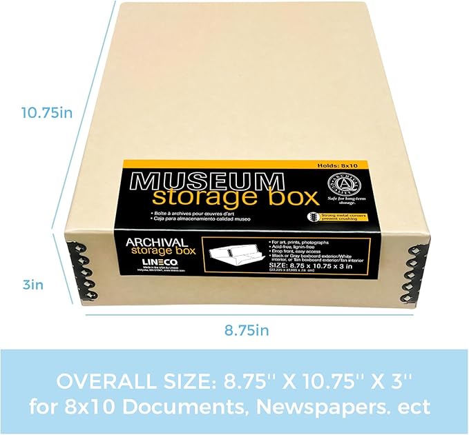 Lineco Museum Archival Storage Box, 8.75x10.75x3 in. Drop Front Design. Acid-Free with Metal Edge. Organize Photos, Pictures, Prints, Documents, Crafts, DIY. Tan, 2 Pack