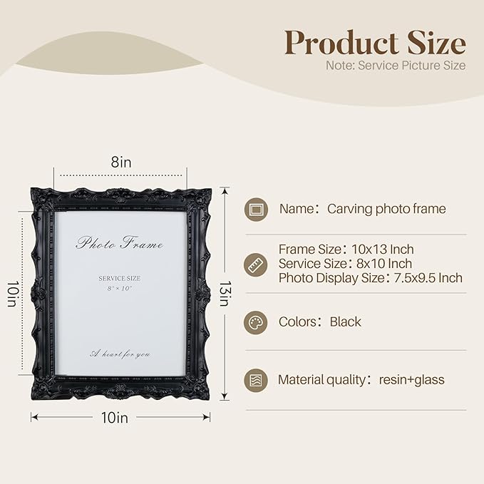 Cuspin 8x10 Black Vintage Picture Frame, Handcrafted Resin Antique Frame with Exquisite Carved Details & Glass Front, Victorian Gothic Home Decor for Tabletop Display or Wall Hanging