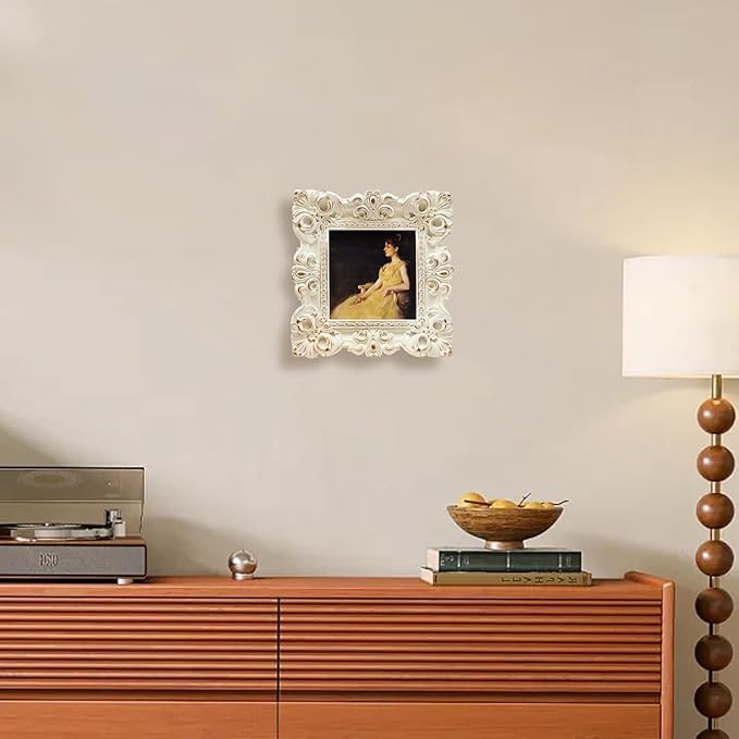 CISOO 4x4 Vintage Small Picture Frame, Antique Ornate White and Gold Square Photo Frame, for Table Top and Wall Display, Decorative Floral Design Retro Home Decor, Photo Gallery Art