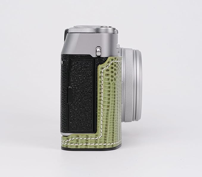 Handmade Genuine Leather Camera Half Case for Fujifilm X100VI - Top Layer Cowhide Body + Metal Base Plate - Hand Shank Free Design (Green 1)