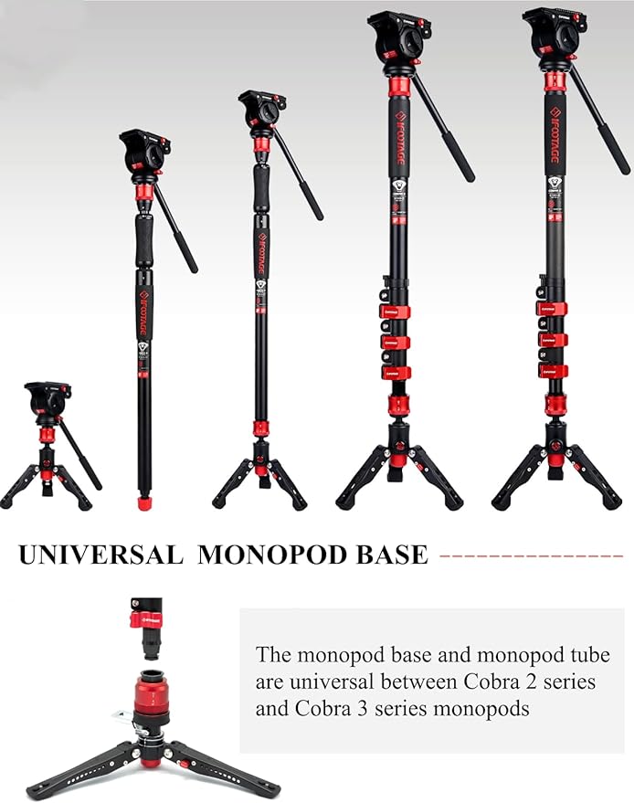 IFOOTAGE Monopod Cobra 3 C180F-P, 71" Monopod for Camera Carbon Fiber Monopod Camera Stand with Feet, Compatible with Sony Canon Nikon DSLR Camera, Payload 17.64Lbs/8KG