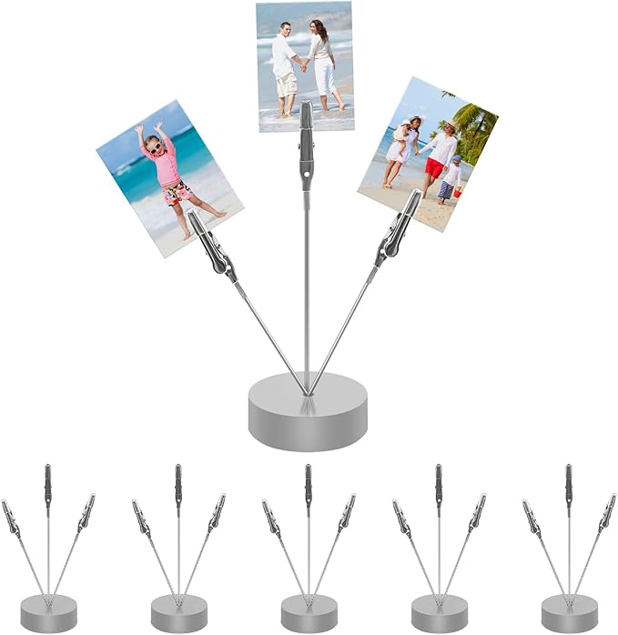 FaitAtten 6 Pack Desktop Photo Tree Holder Clip Round Base, 3-Branch Gift Card Holder with Clips, Memo and Picture Display Clip Holder Stand for Wedding Party Photo Clip Holder Table Numbers Silver