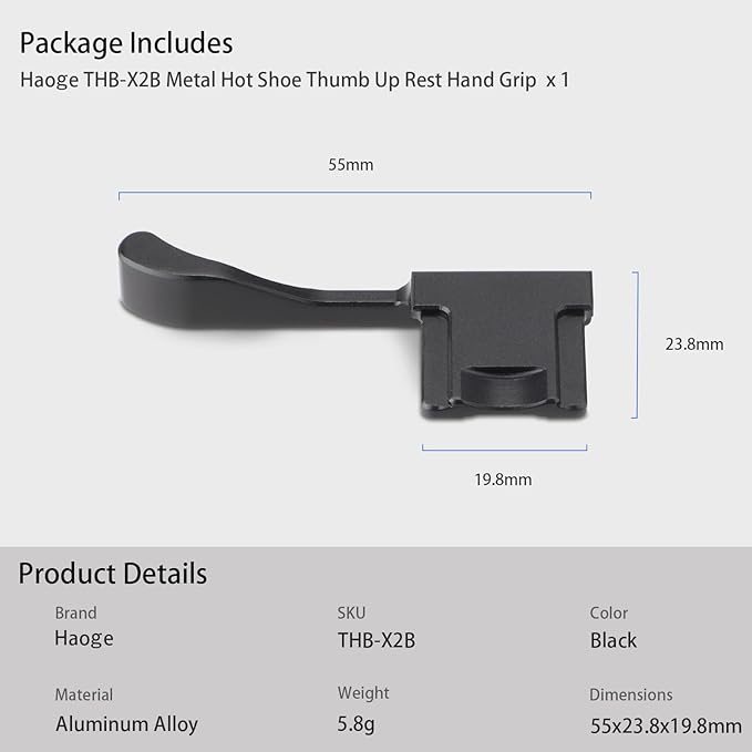 Haoge THB-X2B Metal Hot Shoe Thumb Up Rest Hand Grip for Fujifilm x100vi Fuji X100V Camera Black