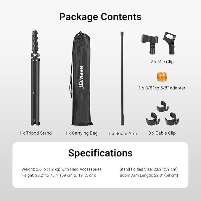 NEEWER Mic Stand Floor, Microphone Tripod with Boom Arm, Heavy Duty Adjustable Stand & Arm with 2 Mic Holder Clamps, 3 Cable Clips, Bag, 3/8" to 5/8" Adapter for Singing Podcast Recording, MS046