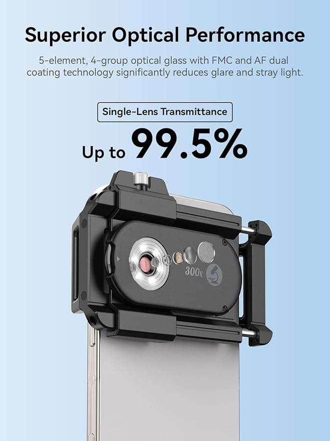 MIAO LAB 300X Phone Microscope Lens, Phone Camera Micro Lens with Universal Clip/LED Light/CPL, Mini Pocket Microscope Attachment Fit for iPhone 16/15/14/13, and Most Smartphone
