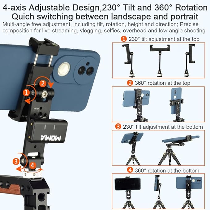 Aluminum Phone Tripod Mount Adapter with Cold Shoe and 1/4” Threaded Holes, 360° Rotation 230° Tilt Camera Phone Holder Mount for iphone Camera Monitoring Gimbals Stabilizers Tripods Phone Holder