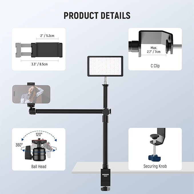 NEEWER Overhead Camera Desk Mount with Swivel Boom Arm, 1/4" Ball Head, Phone Holder & C Clamp, 22"/55.5cm Adjustable Webcam Mic Stand for LED Light Microphone Streaming Zoom Video Recording, DS024
