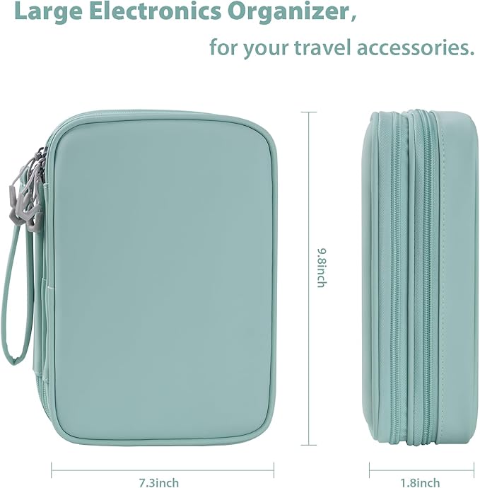 Tablet Accessories Case Bag, Travel Large Electronics Organizer for Chargers & Cords, Cables, 7.9 Inch Tablet, Airplane Essentials, 2 Layers (Mint Green)