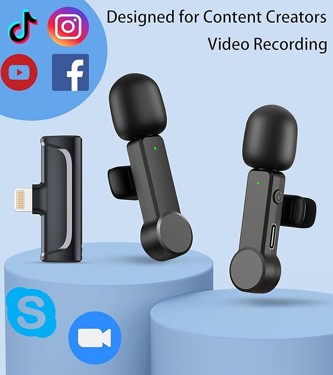 Wireless Microphone for iPhone and Android Phones - 2 Pack Cordless Lavalier Lapel Microphone Noise Canceling Lav Mic for Video Recording Vlog TikTok Instagram