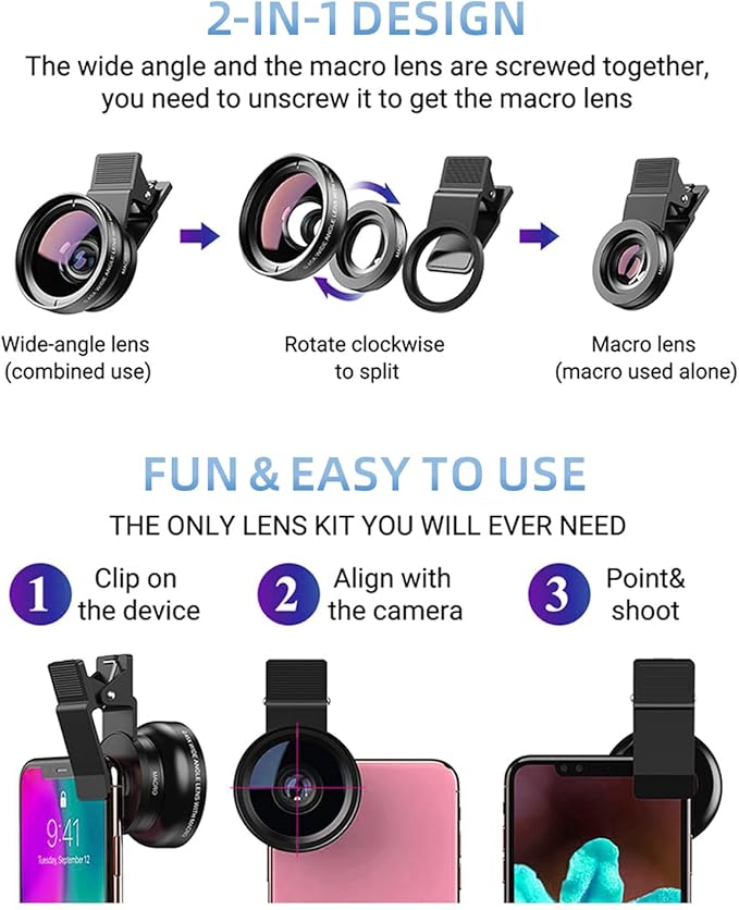 Phone Camera Lens 2 in 1 Phone Lens Kit, 0.45 Super Wide Angle Lens 15x Macro Lens, Wide Compatibility with Popular Smartphones, Tablets and Laptops of Various Brands