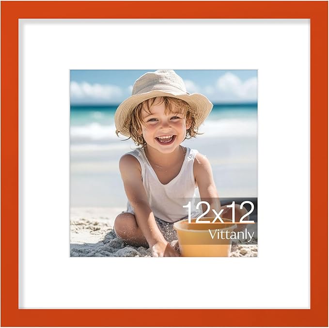 Vittanly 12x12 Picture Frame, Made of Solid Wood and Shatterproof Plexiglass, Display Pictures 8x8 with Mat or 12x12 without Mat, Wooden Photo Frame for Wall Mounting, Orange, 1 Pack