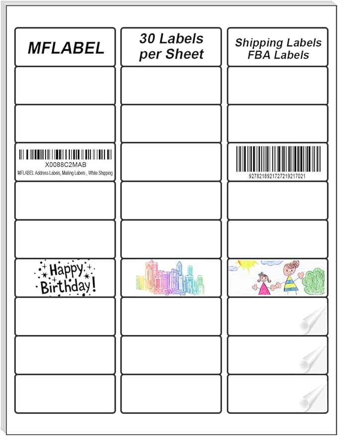 MFLABEL Address Labels, 1" x2-5/8 Mailing Labels, 30-UP White Shipping Labels for Inkjet or Laser Printer, 6000 Sticker Labels (200 Sheets), 30 Labels per Sheet