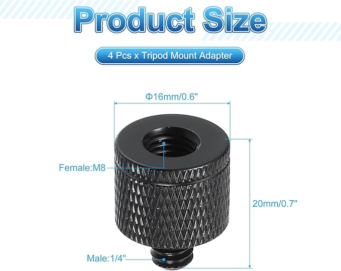 PATIKIL Tripod Screw Adapter M8 Female to 1/4" Male, 4 Pcs Tripod Nut Connectors Camera Mount Screw Camera Double Head Converter for Microphone Holder Magic Arms Accessories, 20 mm