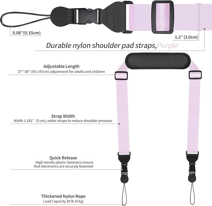 Universal Shoulder Strap, Neoprene Padded Bag Strap with Double Adjustable Buckles, Comfortable Neck Lanyard for Camera, Cellphone Tablet,iPad, Laptop, Binocular, Luggage Bag(Purple)