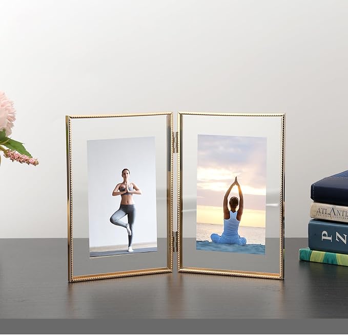 Gold 4x 6'' Double Floating Frame, For Photo Sizes (2 x3'' 3.5x 5'' up to 4x6'' ), Beautiful Metal Lace Edge Frames Adjustable Tabletop/Shelf Photo Frame, Classy Gift Choice for Wedding, Thanksgiving,