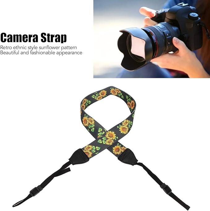 Cyrank Camera Neck Straps,Camera Neck Shoulder Strap Camera Strap Leather Photography Accessory Neck Strap Belt Camera Harness Fashionable Vintage Ethnic Style Sunflower